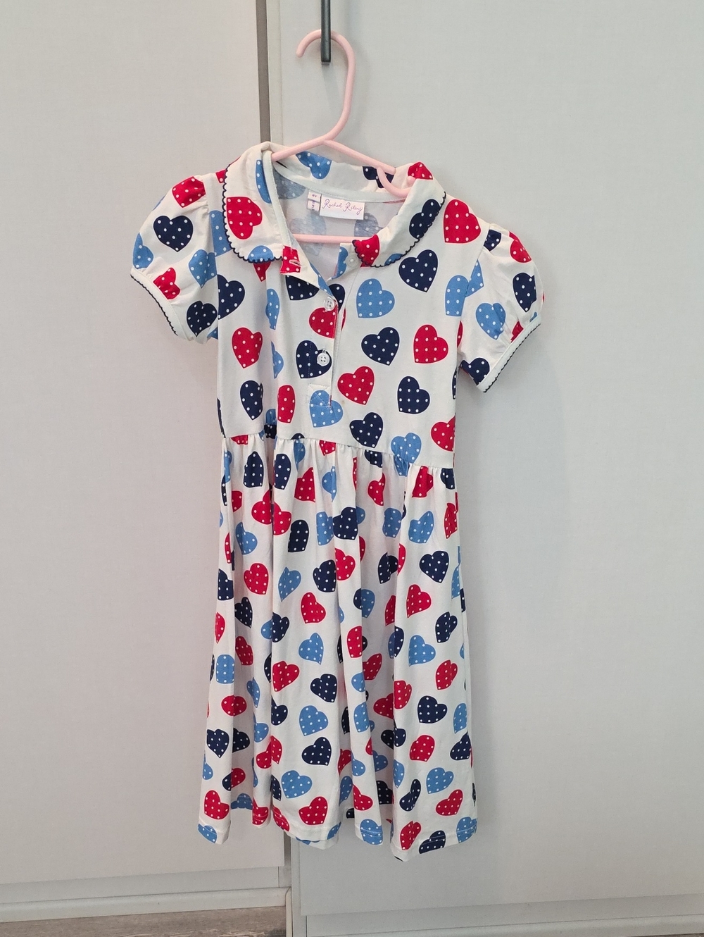 Rachel Riley White Dress with Red, Navy & Light Blue Hearts (Worn ONCE)